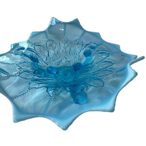 Vintage NORTHWOOD 1905 Blue Opalescent Glass Leaf & Beads Candy Footed Dish